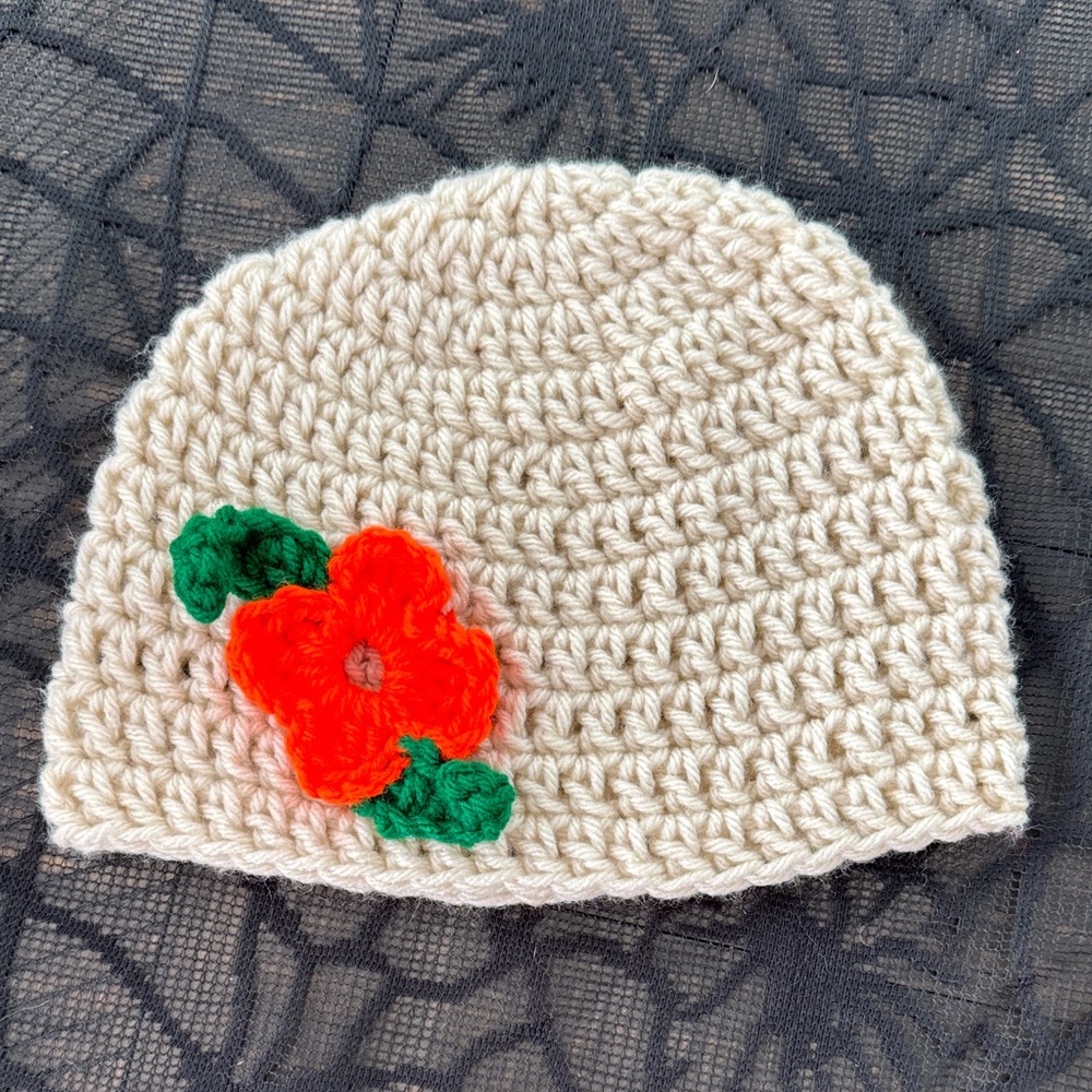 Handmade Crochet Beanie Hat with Orange Flower
